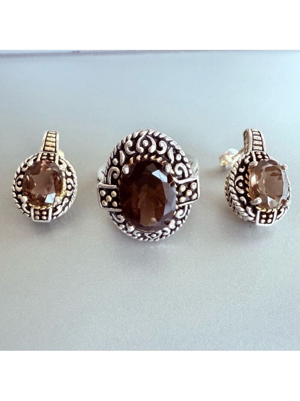 Smoky Topaz 2 Tone Sterling Silver Dotted Filigree CJ JC Designer Stud E… - Picture 7 of 9